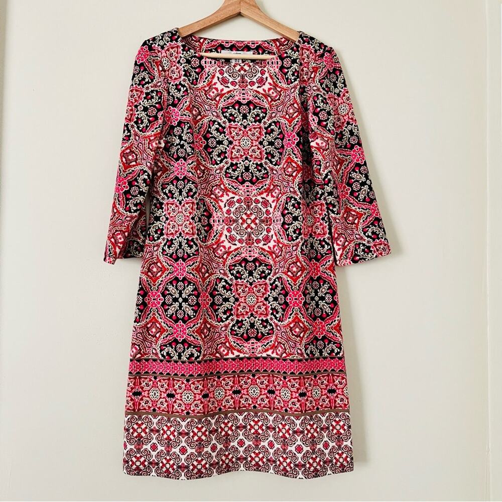 Wisp for Stitch Fix Medallion dress red pink print boat neck shift 3/4 sleeve